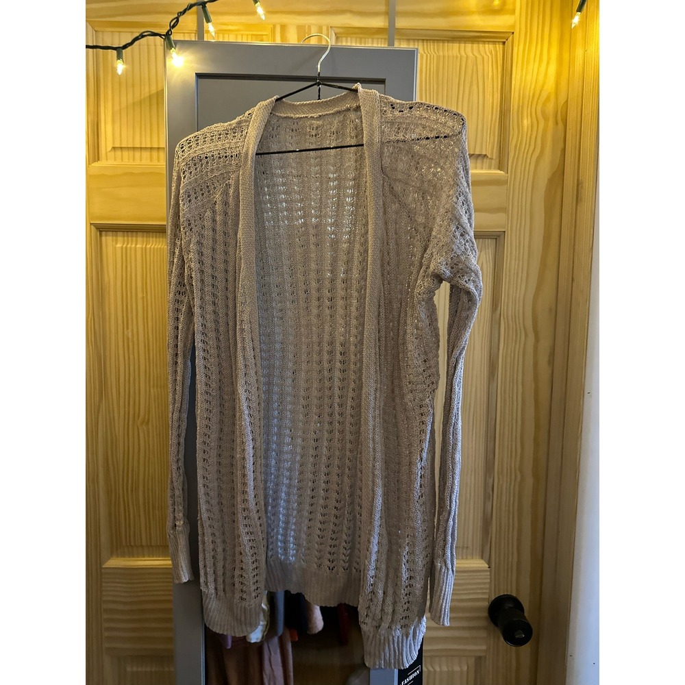 Fashion Women Taupe Beige Pointelle Crochet Open Front Cardigan Sweater Small